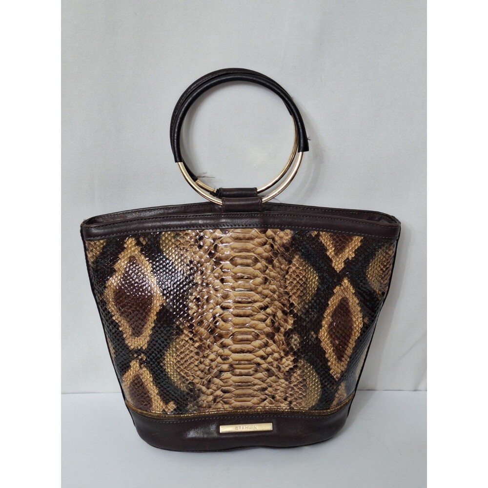 Brahmin Mod Bowie Satchel Handbag Textured Brown Snakeskin Pattern Ring Handle
